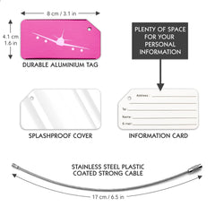 Pack of 2 Pink Strong Aluminium Luggage Tags, Secure, Easy to Spot, Privacy, Variety of Colours, Strong Steel Cable