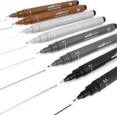 Uni Pin Fineliner Drawing Pen Set - 8 Pieces - 0.1mm/0.5mm - Black, Dark Grey, Light Grey and Sepia