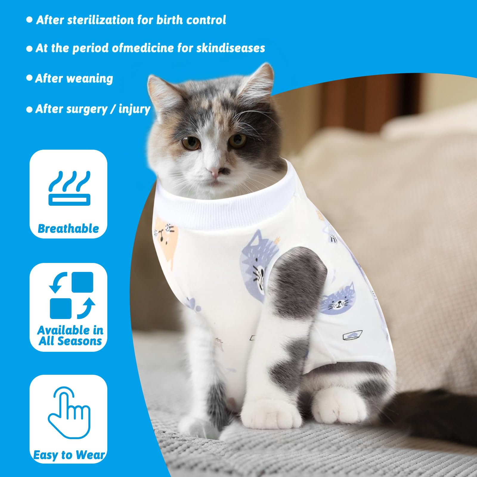 WLLHYF Cat Surgery Recovery Suit Breathable Kitten Onesie Full Bodysuit Clothes Post Neuter Surgery Spay Cone Anti Licking Abdominal Wound Protector for Small Male Female Pets (Small)