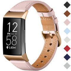 CeMiKa Strap Compatible with Fitbit Charge 4 Strap/Fitbit Charge 3 Strap, Genuine Leather Strap Replacement Wristband for Charge 3/Charge 4 Tracker, Pink/Rose Gold