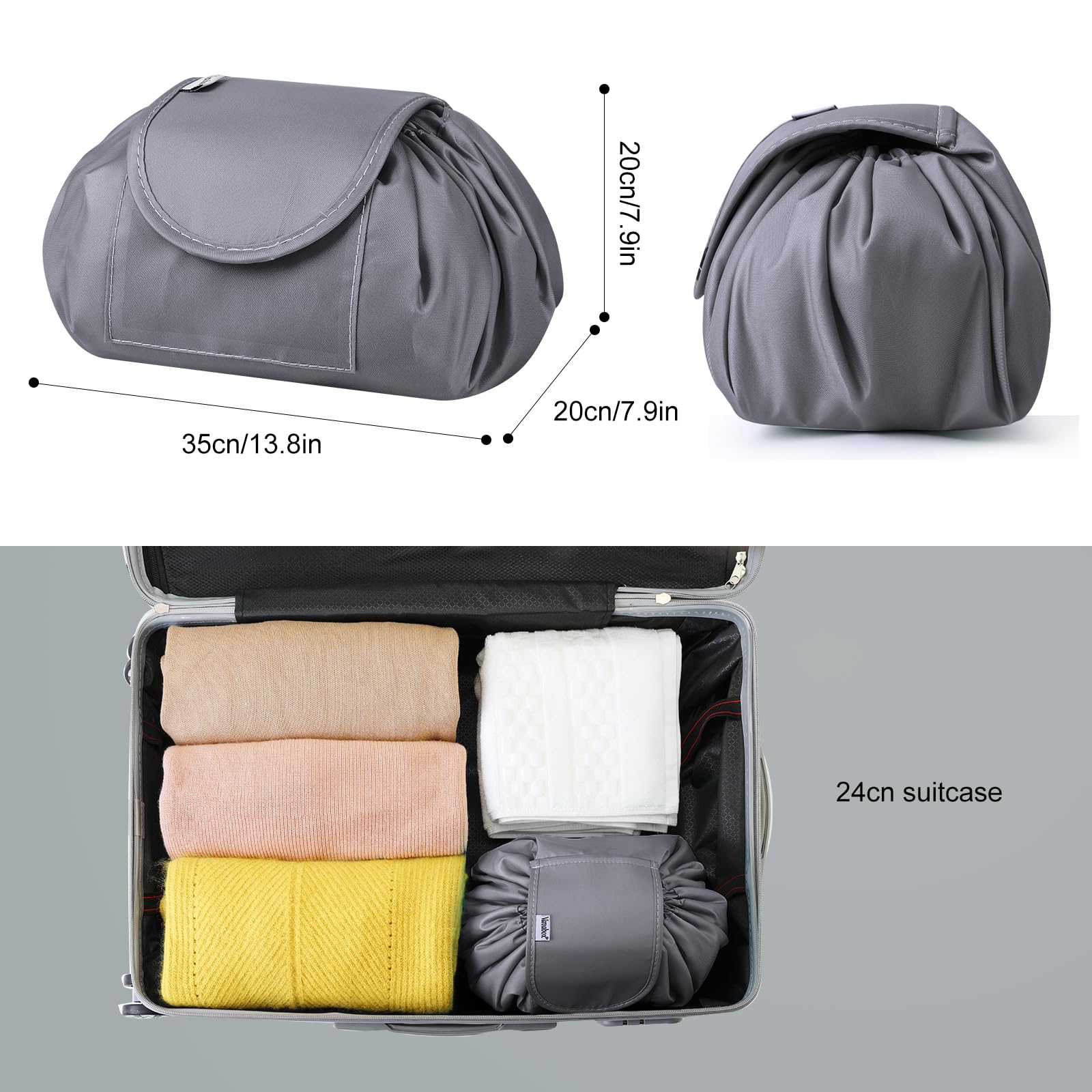 Vavabox Lazy Drawstring Makeup Bags, Large Capacity Waterproof Travel Portable Cosmetic Bag Pouch Makeup Pouch Storage Organiser for Women Girl (Grey)