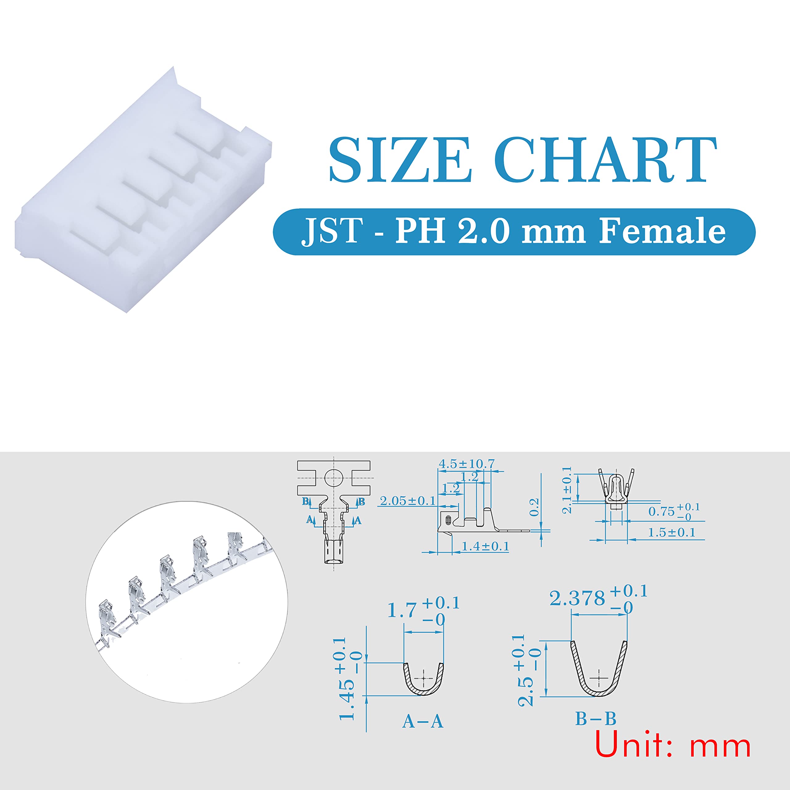 CQRobot JST PH 2.0 mm Pitch 5-Pin JST Wiring Connecting IC Male Plugs, Female Sockets Housing and T-shaped Crimp Terminal Connector Kit. 50 Sets/350 Pieces JST PH Connector Adapter Cable Assembly.