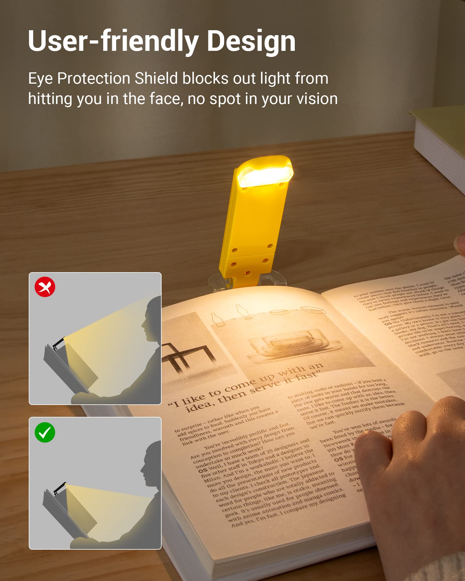 DEWENWILS Book Reading Light, Warm White Clip On LED with 2 Adjustable Brightness for Eye Protection, Rechargeable USB, Christmas Gifts for Bookworms, Kids(Yellow)