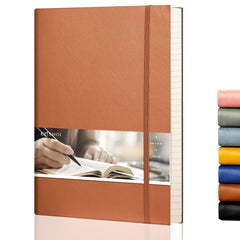 EMSHOI B5 Notebook Lined Notepad - 19 x 25 cm Large Leather Journal with Sticky Notes, 204 Numbered Pages, 100gsm Lined Paper, Back Pocket, Softcover, Brown