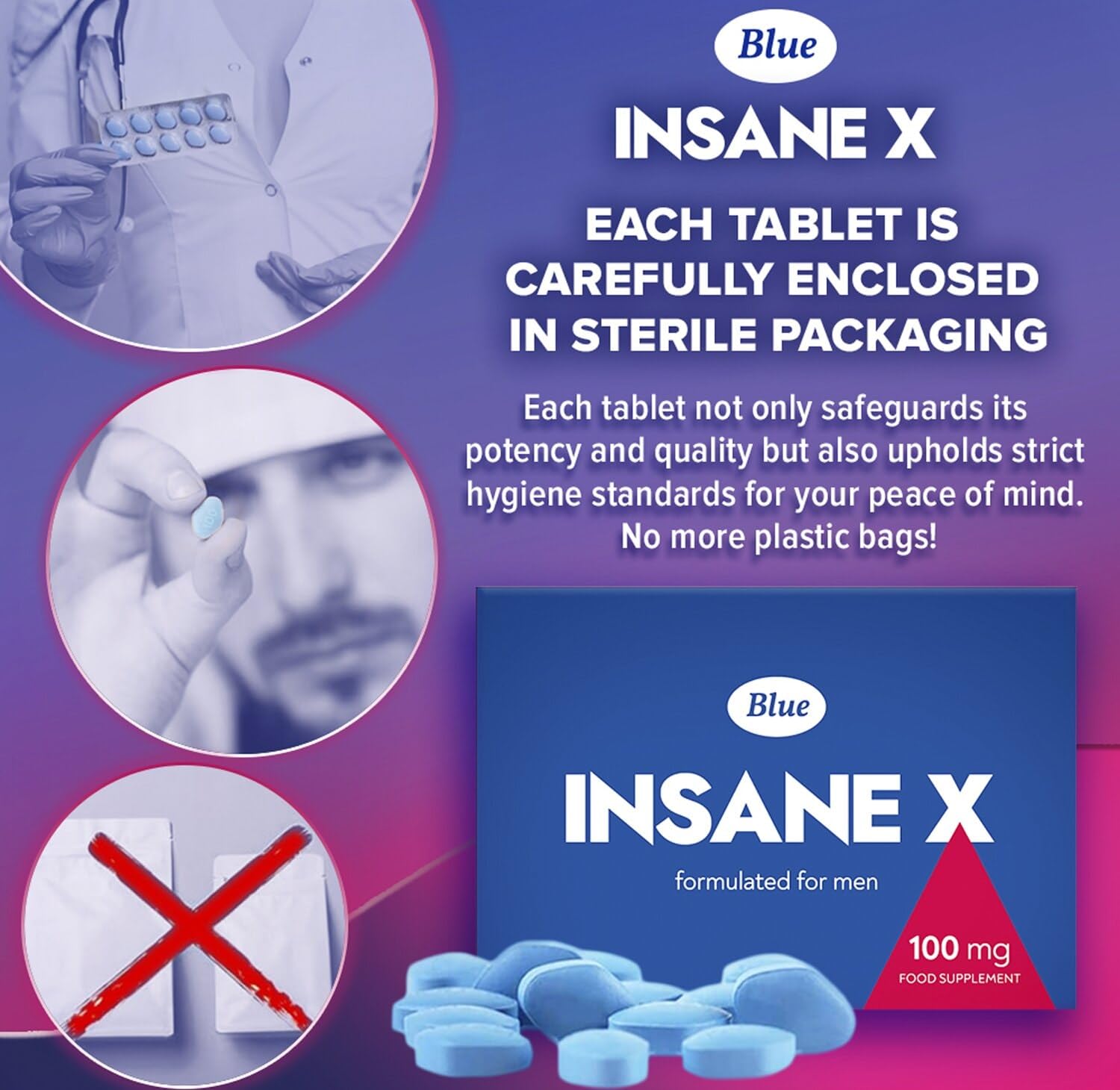 INSANE X 40 Blue Pills for Men 100mg Stronger & Harder Fast-Acting Enhanced Strength Supplements Tablets - Prolonged High Performance - Energy & Male Enhancing - Herbal & Food Supplement UK