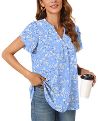 Aodemo Women's Summer Chiffon V Neck Blouses Tulip Short Sleeves Dressy Tunic Office Tops Casual Loose T-Shirts XL, Blue White Flower