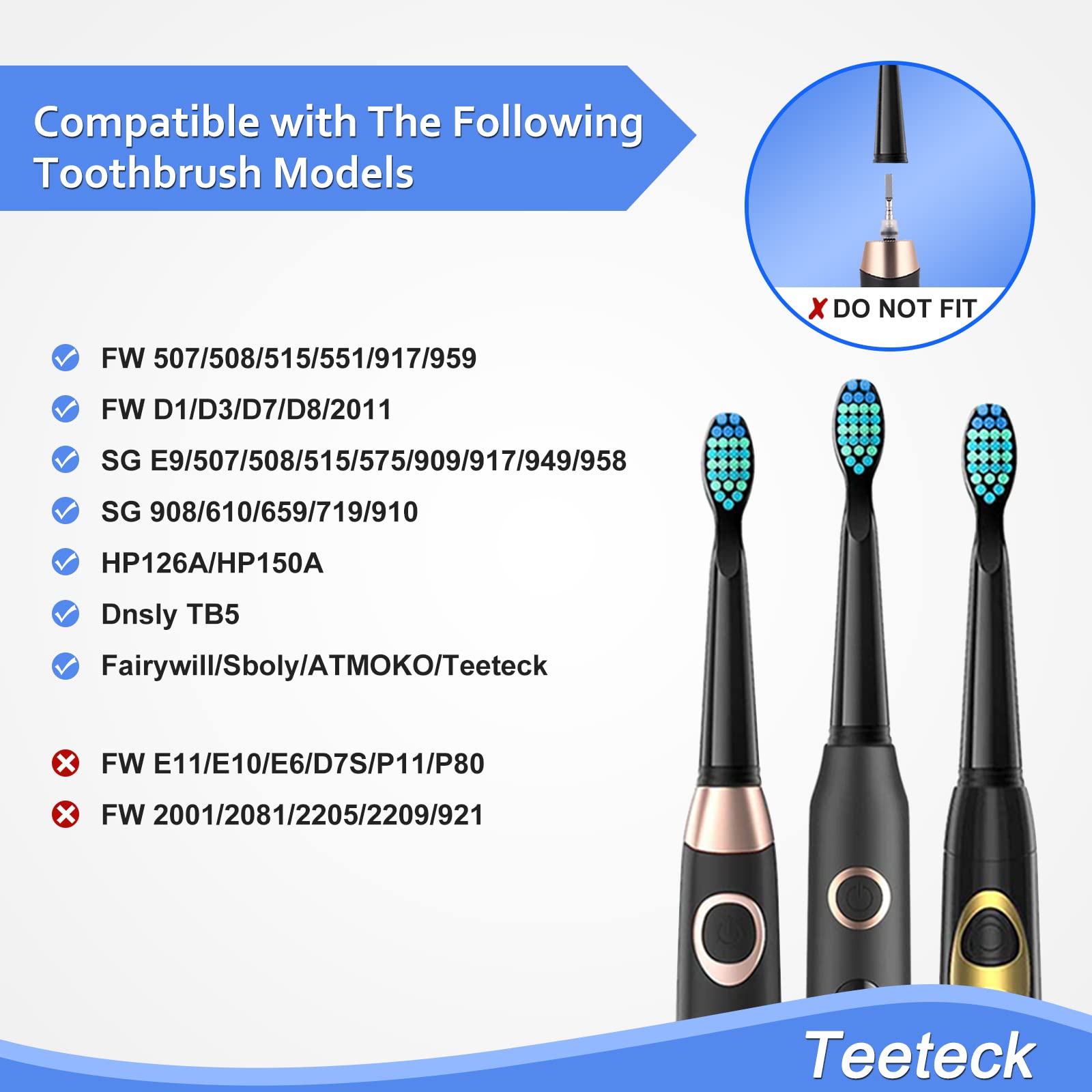 Teeteck Replacement Toothbrush Heads Compatible with Fairywill 507/508/D7/D8/515/551/917/959,Black,5 Count