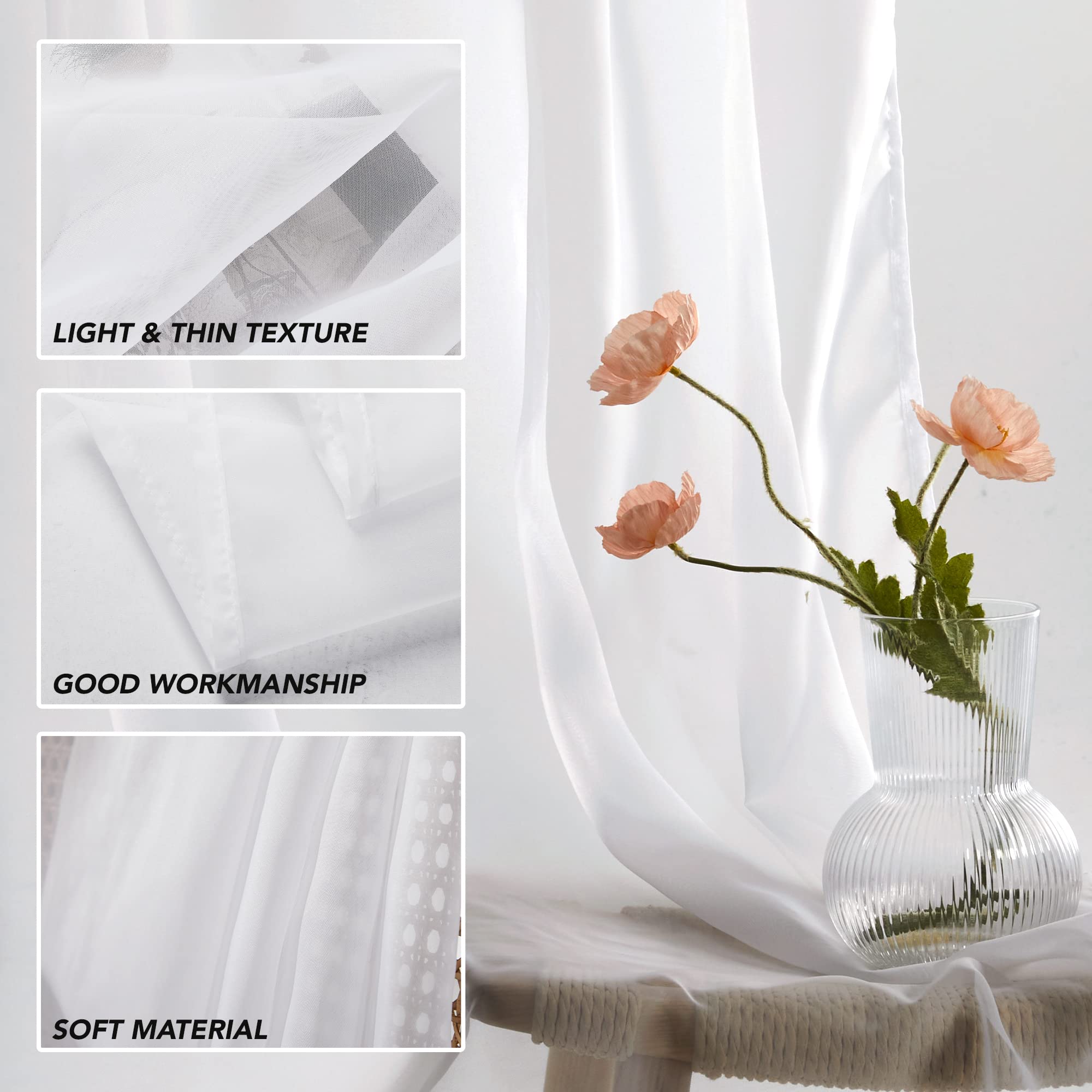 Deconovo Home Decorations Semi Transparent Curtain Voile Panels Back Eyelet Curtains Voile Sheer Curtains for Window 52 x 95 Inch White Two Panels