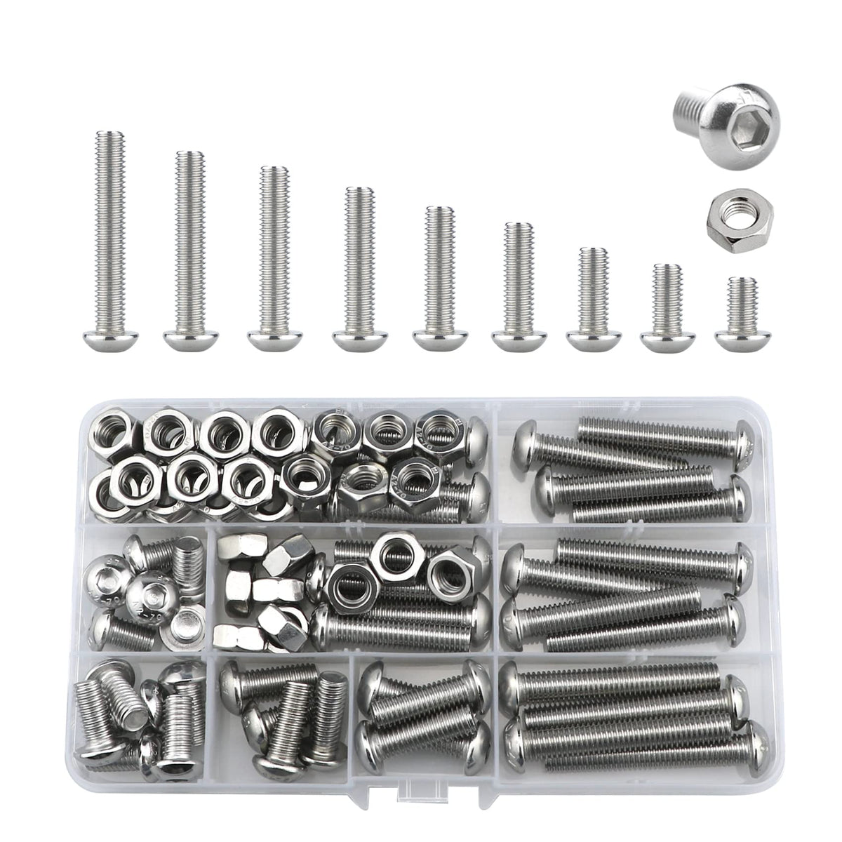 Bolts and Nuts Set, Hex Head M8 Stainless Steel Machine Screws and Round Head Hexagon Socket Bolts Assortment(12/16/20/25/30/35/40/45/50mm) (M8, Silver)