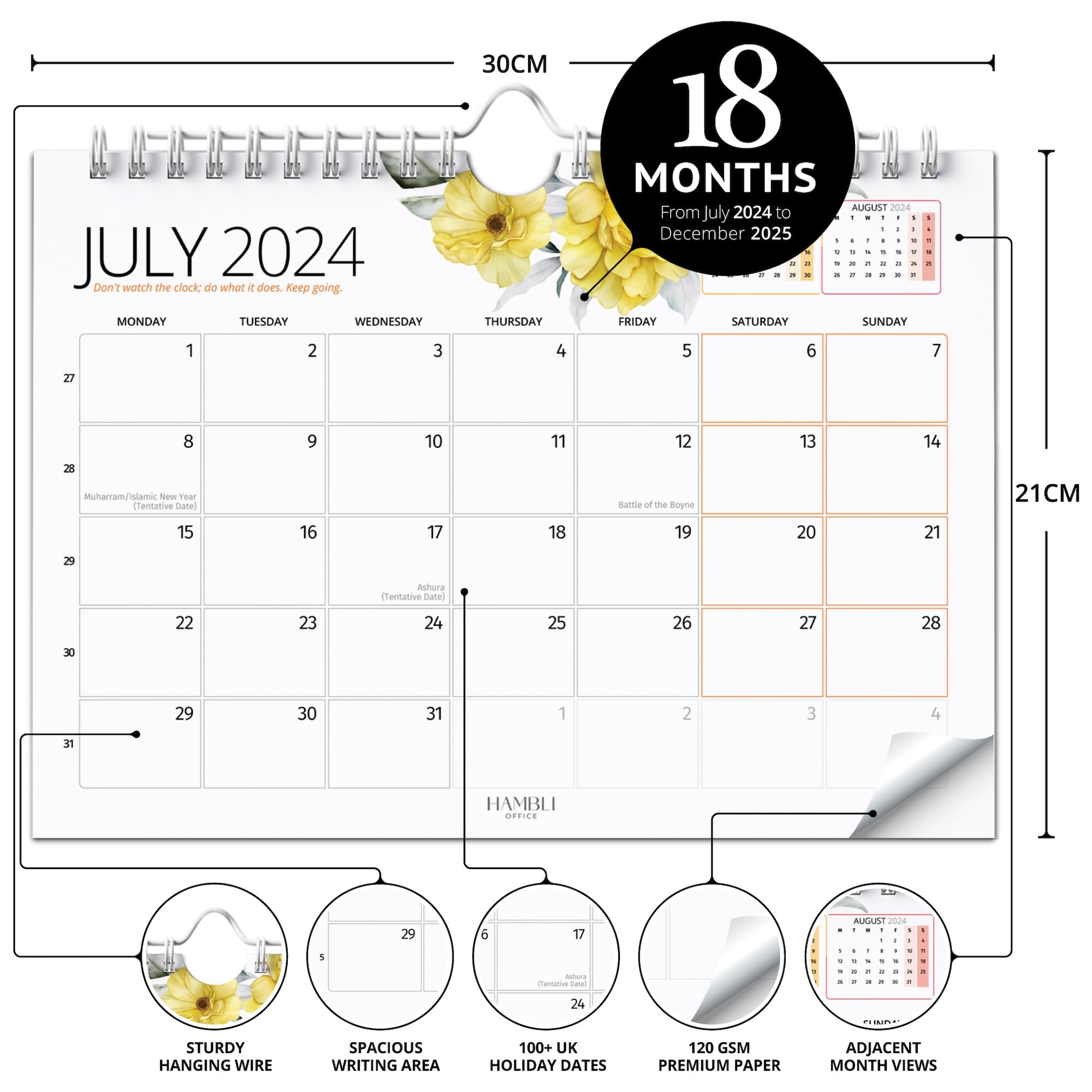 Wall Calendar 2024/25 Colour Calendar - 18 Month Calendar Planner 2024 - Wall Calendar 2024 UK - Month To View 2024-2025 Calendar Now to Dec 2025 - A4 Landscape Calendar for Home, Office