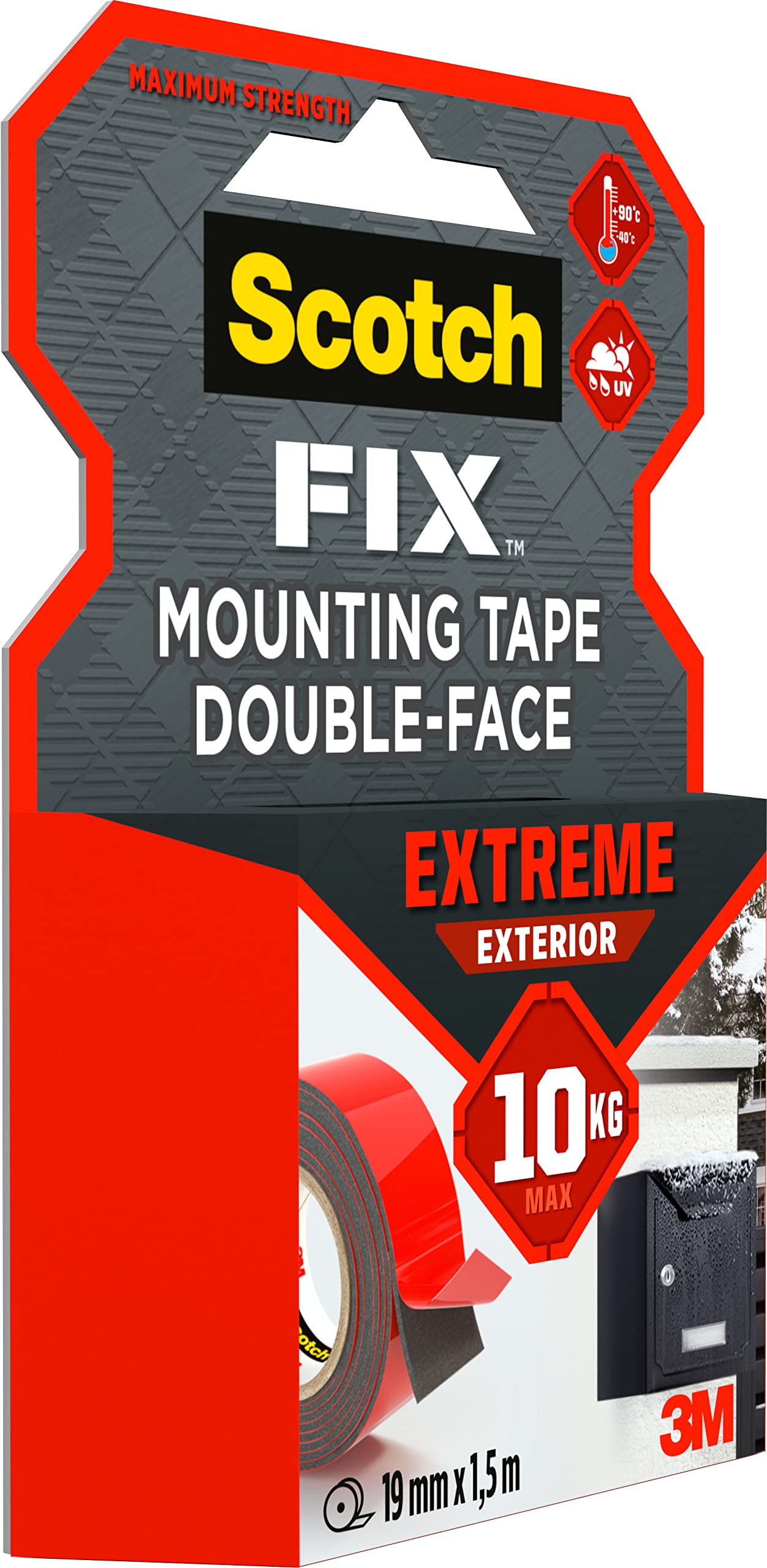 Scotch-Fix Double-Sided Extreme Exterior Mounting Tape, 19mm x 1,5m - For Outdoor Extreme Use, Weather Resistant, Permanent Tape, 100% Adhesive, 3M Advanced Technology - Holds up to 10kg