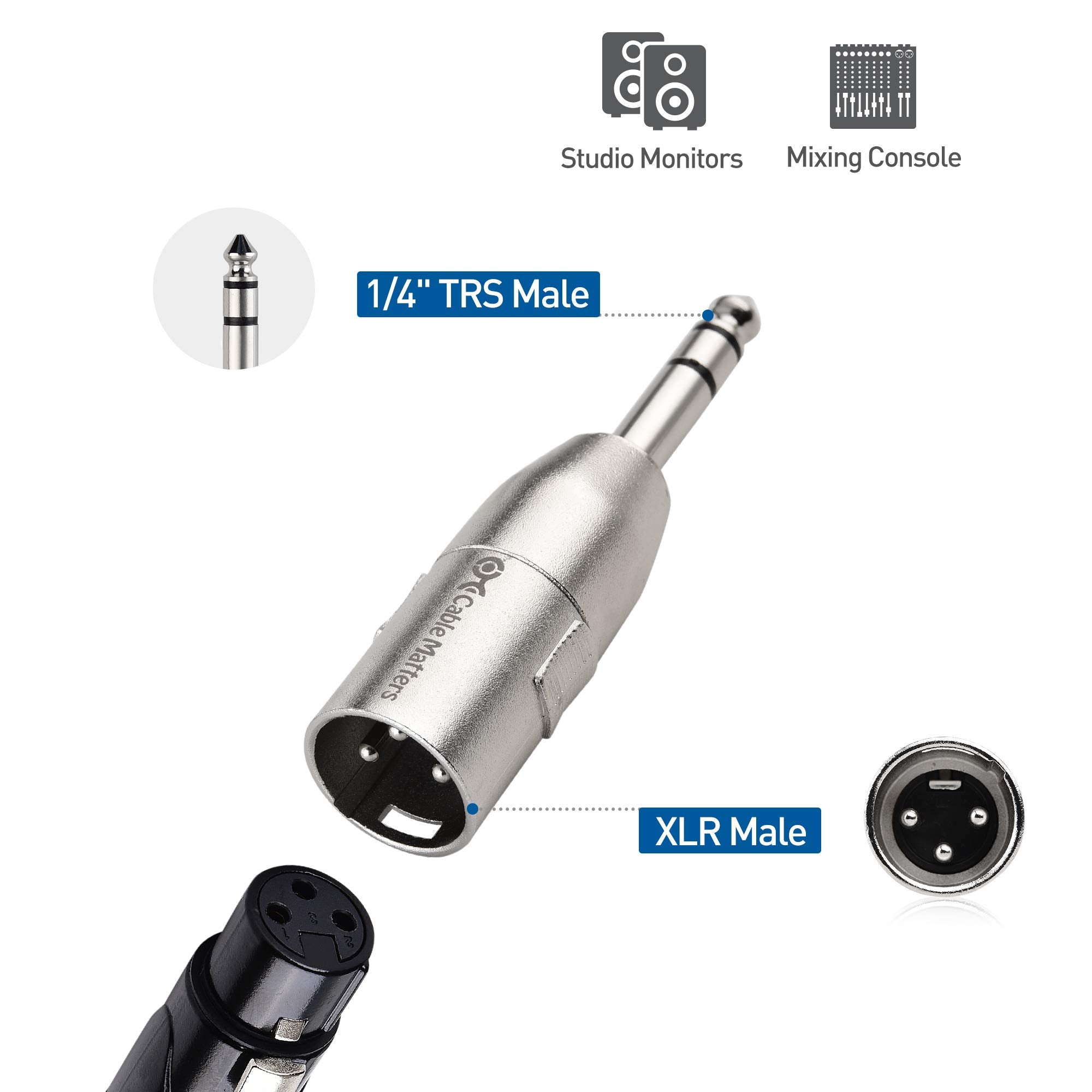 Cable Matters 2-Pack Jack to XLR Adapter, 6.35mm to XLR Adapter, 1/4 Inch 6.35mm TRS to XLR Adapter, 6.35mm Male to XLR Male Adapters - Male to Male