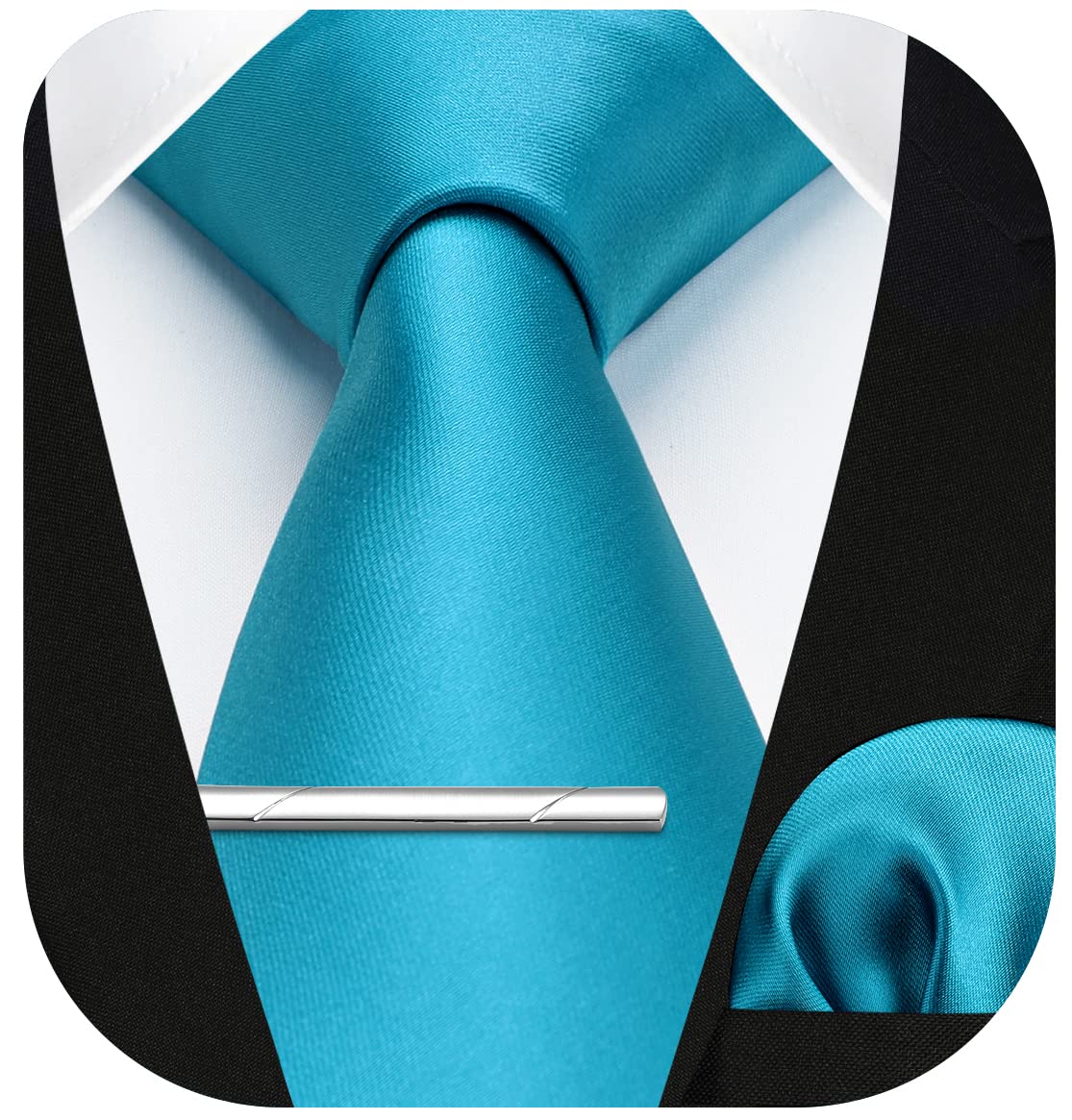 HISDERN Turquoise Ties for Men Solid Color Tie and Pocket Square Set Formal Necktie with Handkerchief Tie Clips for Business Wedding