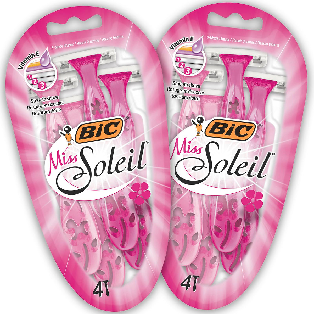 BIC Miss Soleil Colour Collection, Triple Blade Razor for Women, Stainless Steel Blades, With Flower Designed Handles, Pack of 8