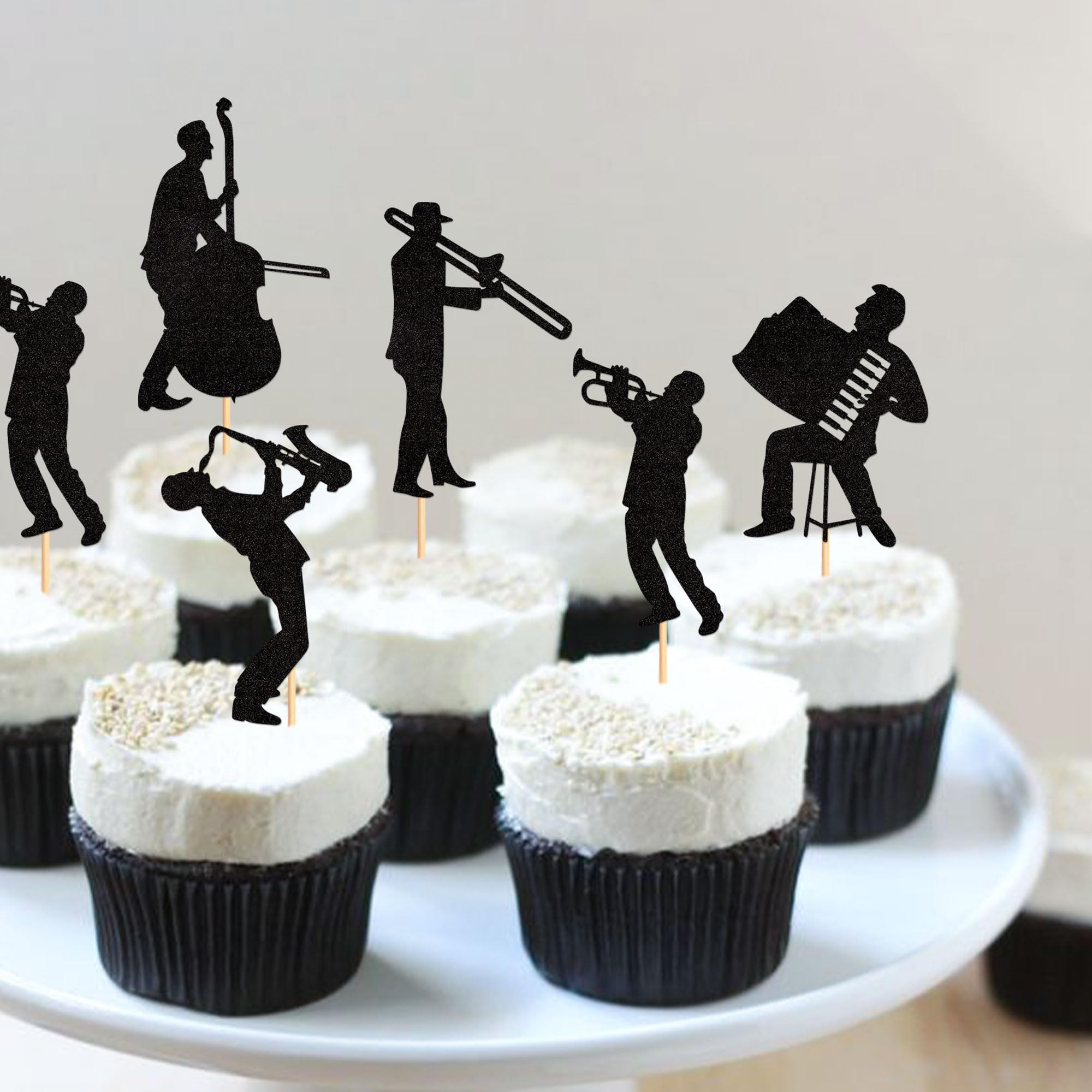 Blumomon 25 Pcs Jazz Band Cupcake Toppers Black Glitter Band Cupcake Decorations Picks Vintage Jazz Music Theme Cupcake Picks Music Concert Theme Birthday Party Cake Decorations Supplies