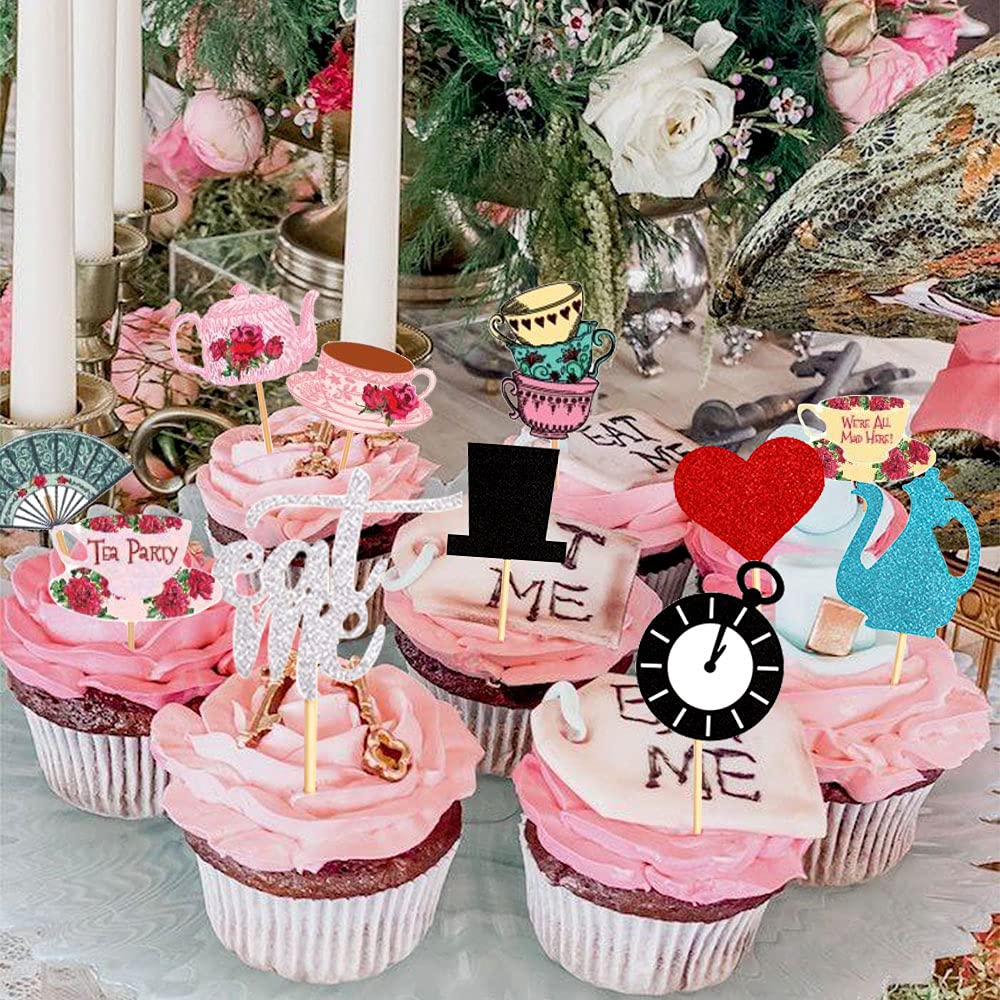 JeVenis Alice In Wonderland Theme Cupcake Topper Tea Party Cupcake Picks Lets Tea Cake Decoration Tea Party Supplies Alice In Wonderland Party Supplies