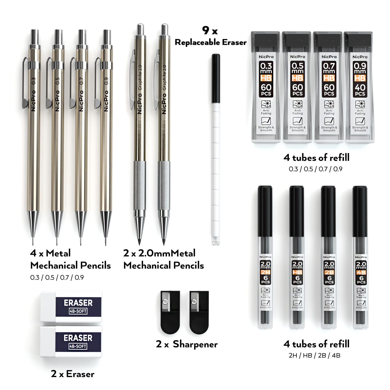 Nicpro 6PCS Metal Mechanical Pencils Set, Propelling Drafting Pencil 0.3 & 0.5 & 0.7 & 0.9 mm, 2PCS 2mm Lead Holder(2B HB 2H 4B) For Art Writing Sketching Drawing With 8 Tube Lead Refills Erasers Case