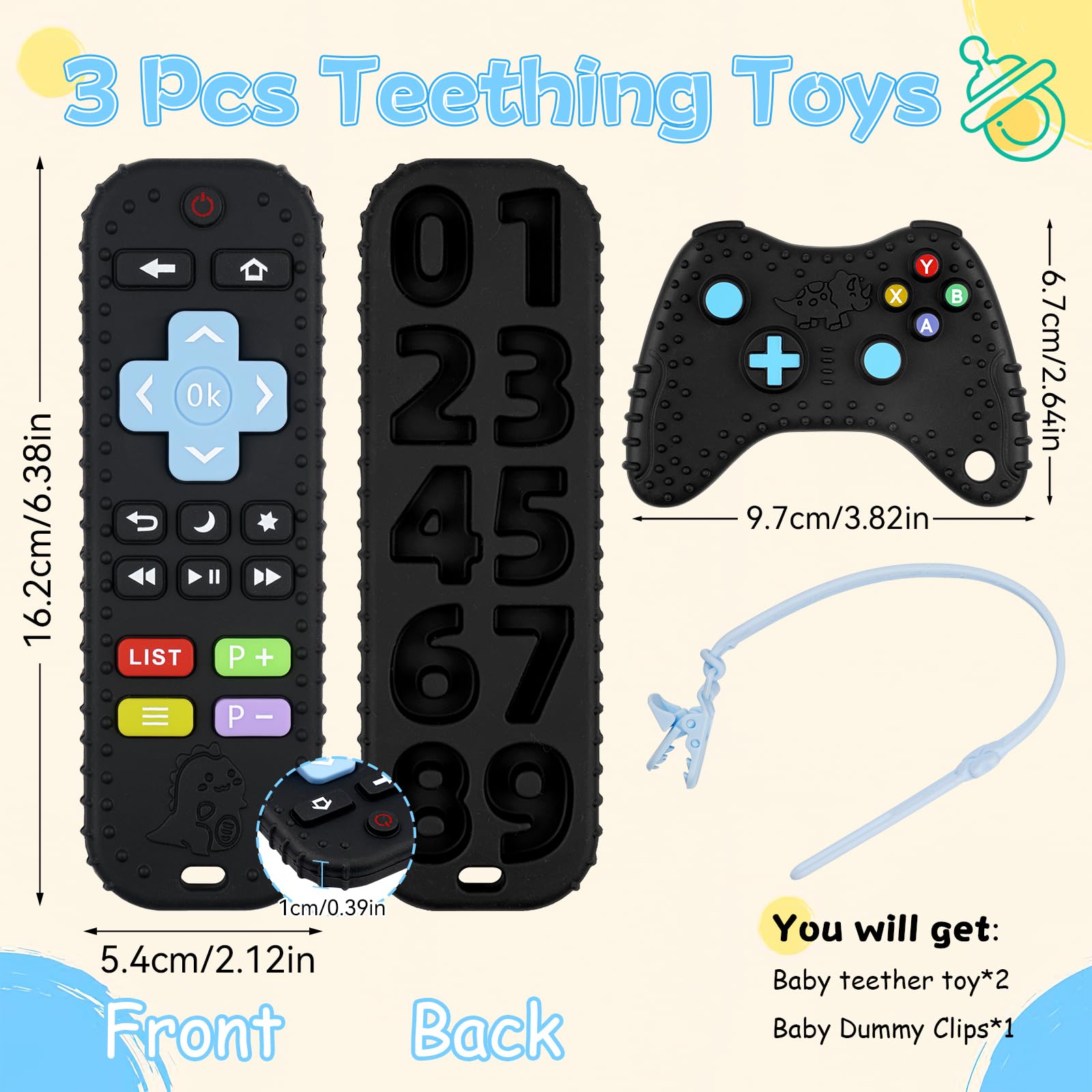 Baby Teething Toys, Baby Remote Control & Game Controller Teething with Baby Dummy Chain, BPA-Free Silicone Teething Aid Baby Teether Relief for 0-6 Months