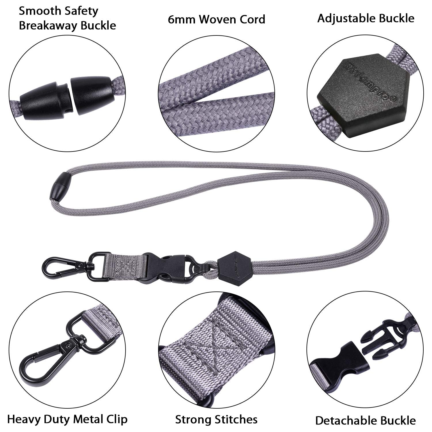 wisdompro 2 Pack of 23 inch Durable Round Cord Adjustable Lanyard with Safety Breakaway Buckle, Detachable Buckle and Heavy Duty Metal Hook for ID Card Badge Holder and Keys - Black and Grey