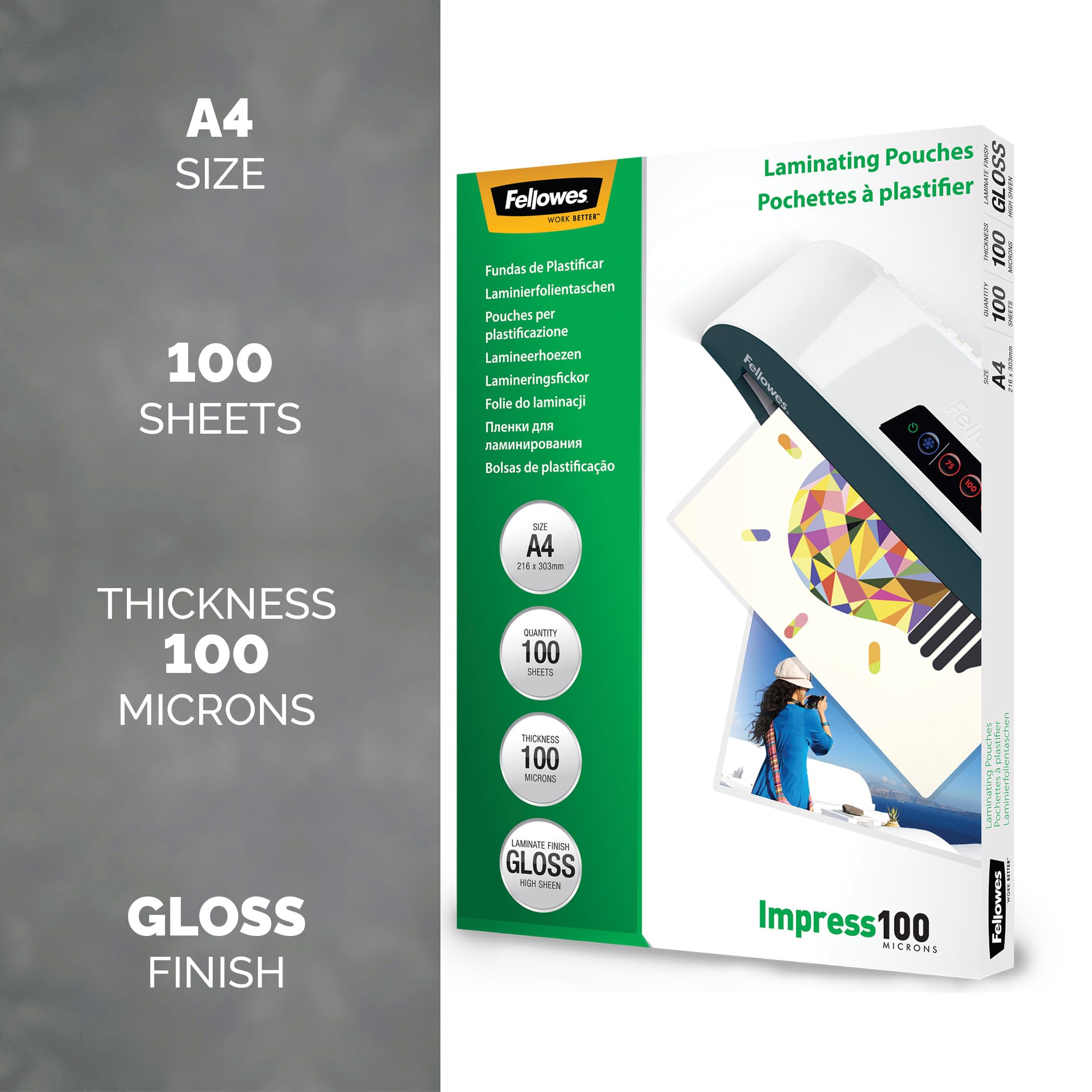 Fellowes A4 Laminating Pouches, Gloss Finish, 100 Sheets, 200 Micron (2 x 100 Micron) High Quality Finish - Ideal for Notices, Photos and Creatives