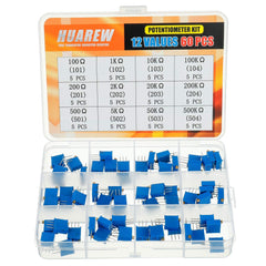 HUAREW 12 Values 60 Pcs 3296W Multiturn Trimmer Potentiometer 100-500 K Ohm Blue 3296 Top Adjustment Variable Resistor Assortment Kit