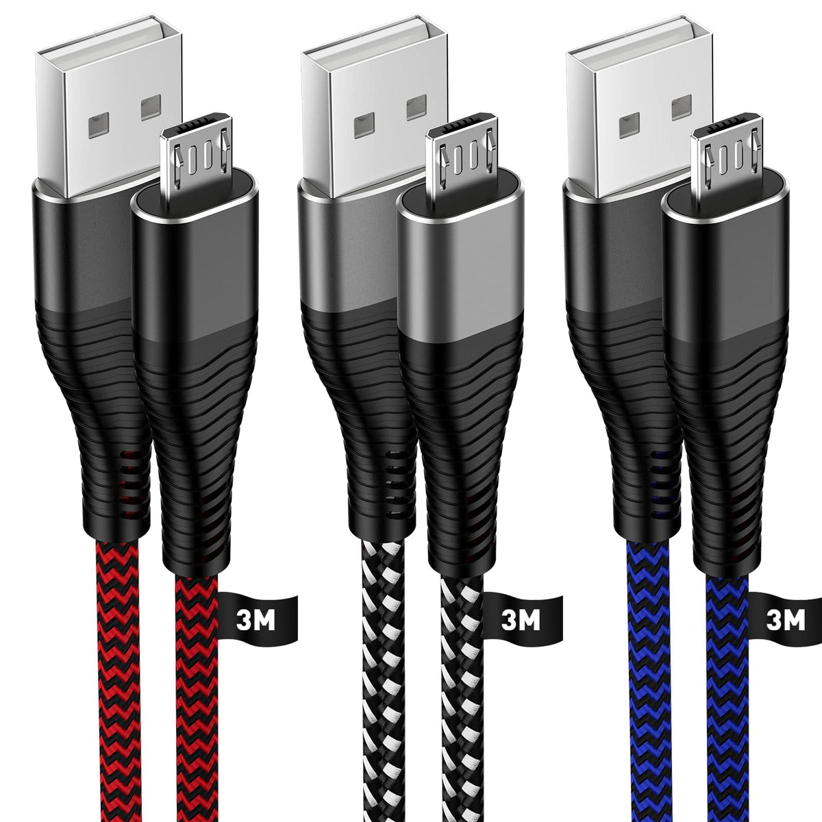 HUNYYN Micro USB Cable 3M 3Pack, Long Android Charging Cable, Nylon Braided Micro USB Charger Lead for PS4/PS4 Pro /PS4 Slim Controllers, Samsung Galaxy S6/S7, Kindle Fire, Xbox One and More