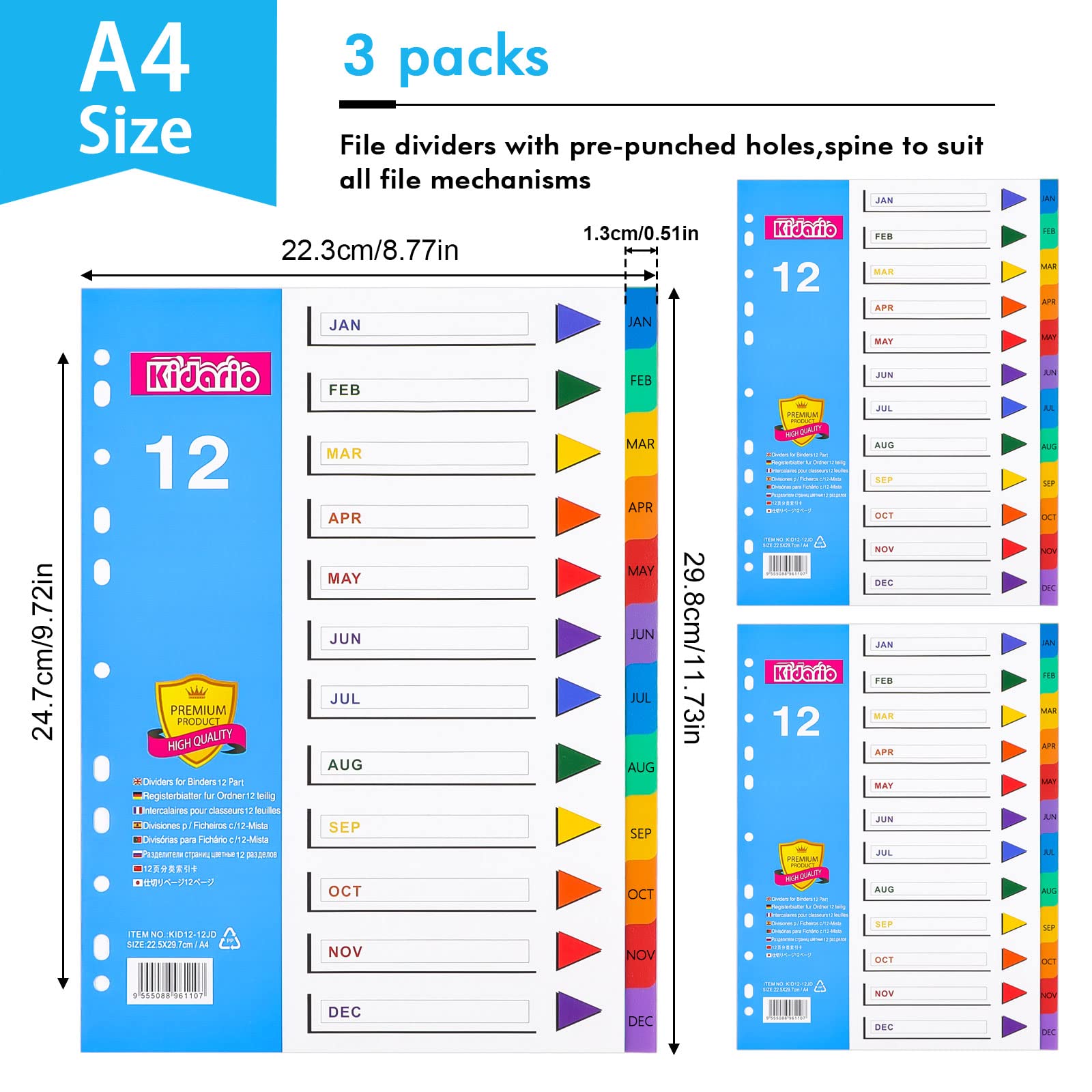 File Dividers A4, 12 Part Folder Dividers, 3 Pack Extra Wide Pre-Punched Leverl Arch Folder in Assorted Colours, Plastic Binder Dividers (Months Tabs)