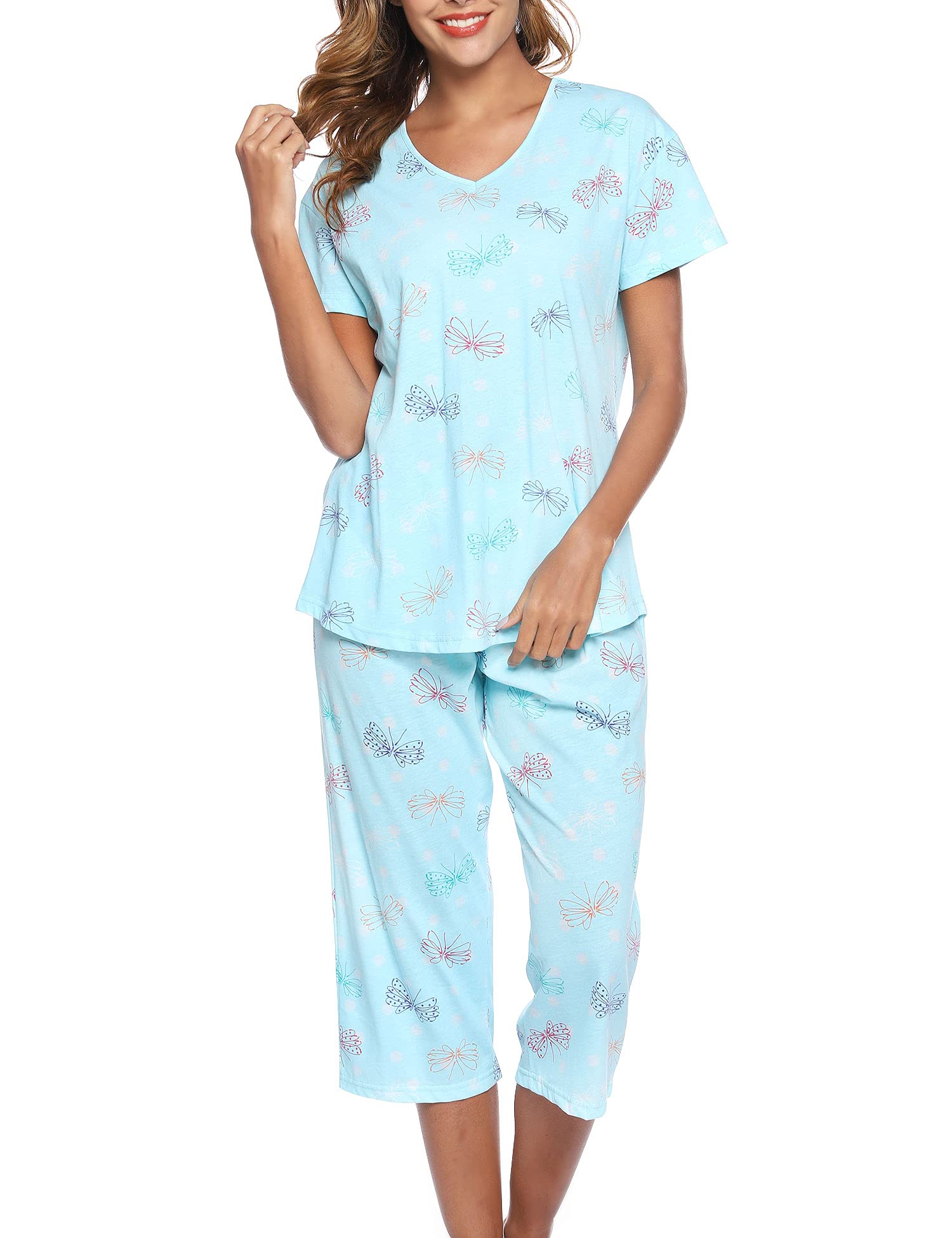 ENJOYNIGHT Womens Pyjamas Short Sleeve Top and Cropped Bottoms Pjs Set Cotton Loungewear Cute Print Nightwear (Large,Blue Flying)