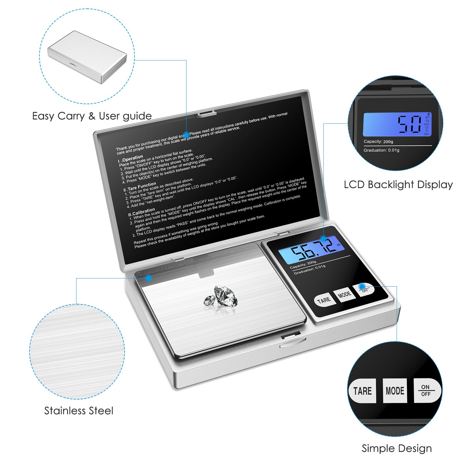 Craicr Digital Pocket Scale, 200g Precision Mini Jewelry Scale, Portable Digital Scales with LCD Backlit Display, Tare Function, 0.01g Precise, for Gold, Jewellery, Food, Coffee, Herbs (Silver)