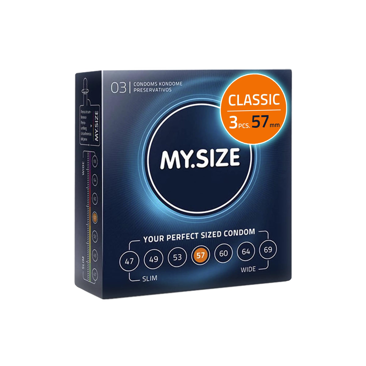 MY.SIZE Classic Condoms Size 4 I 57 mm Width I 3 Pieces Trial Pack I Premium Condoms Extra Thin I Condoms True to Touch Gossamer I Thin 0.07 mm Wall Thickness I Condoms Vegan I Condoms for Men