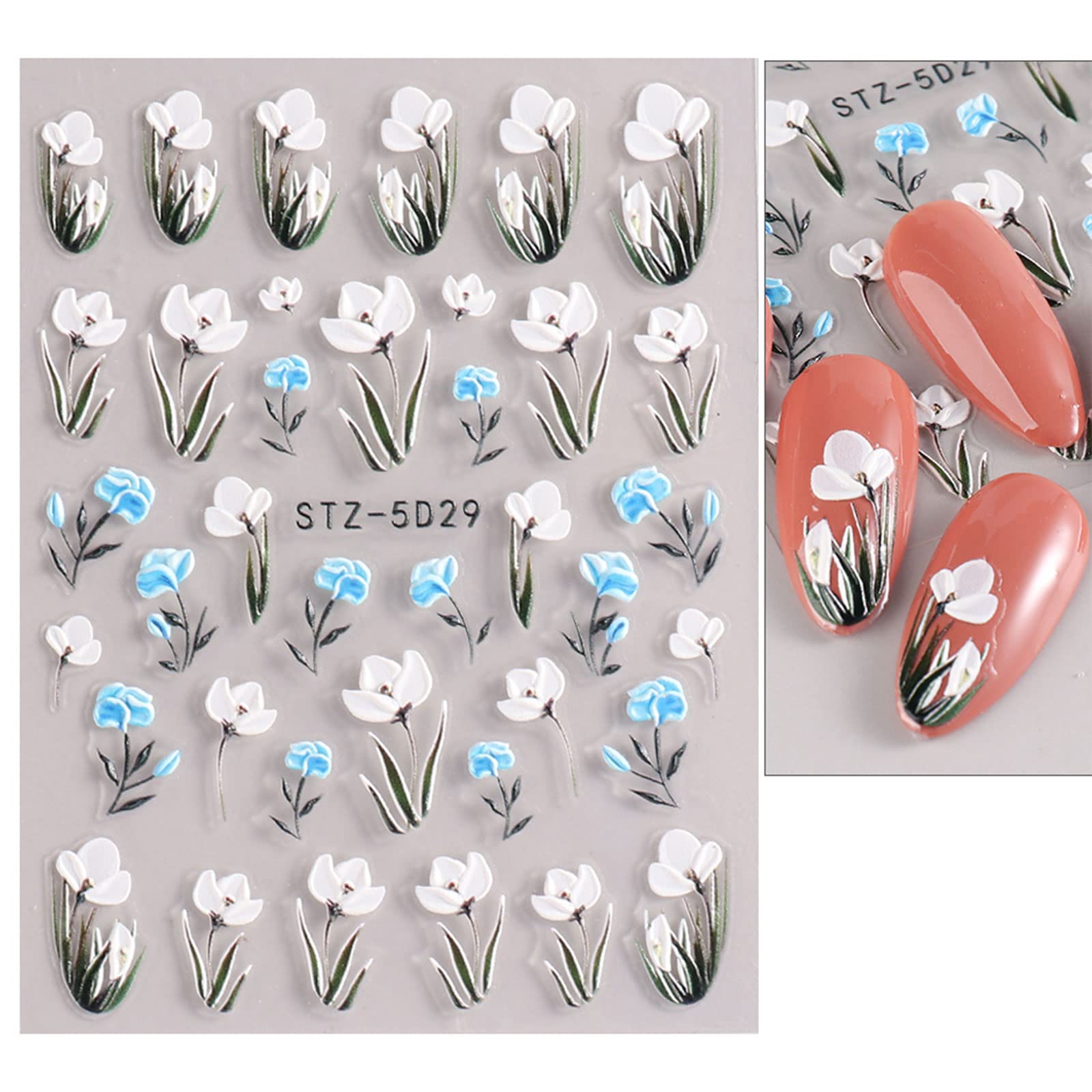 JMEOWIO 3D Embossed Flower Spring Nail Art Stickers Decals Self-Adhesive 5D Summer Colorful Floral Nail Supplies Nail Art Design Decoration Accessories 4 Sheets