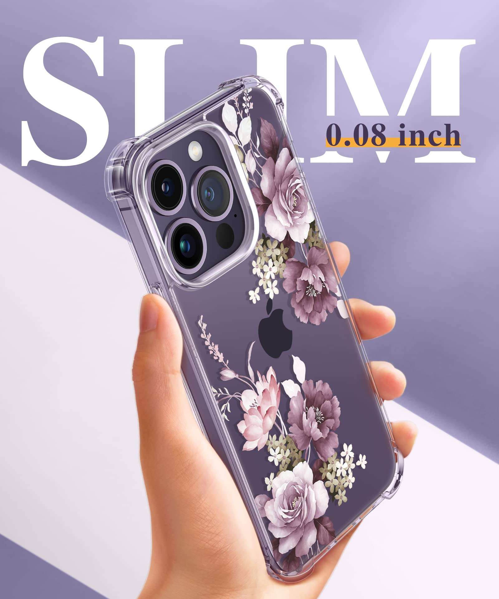GVIEWIN Compatible with iPhone 14 Pro Case 6.1 Inch 2022,with Tempered Glass Screen ProtectorandCamera Lens Protector,Flower Clear Hard PC Slim Bumper Shockproof Protective Cover, Cherry Blossoms/Purple