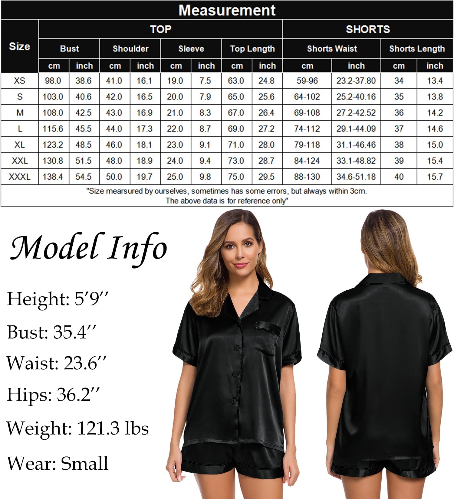 SWOMOG Silk Satin Pyjamas Black Pyjama Set for Women Short Sleeve Button Down Pj Set Comfy Pjs