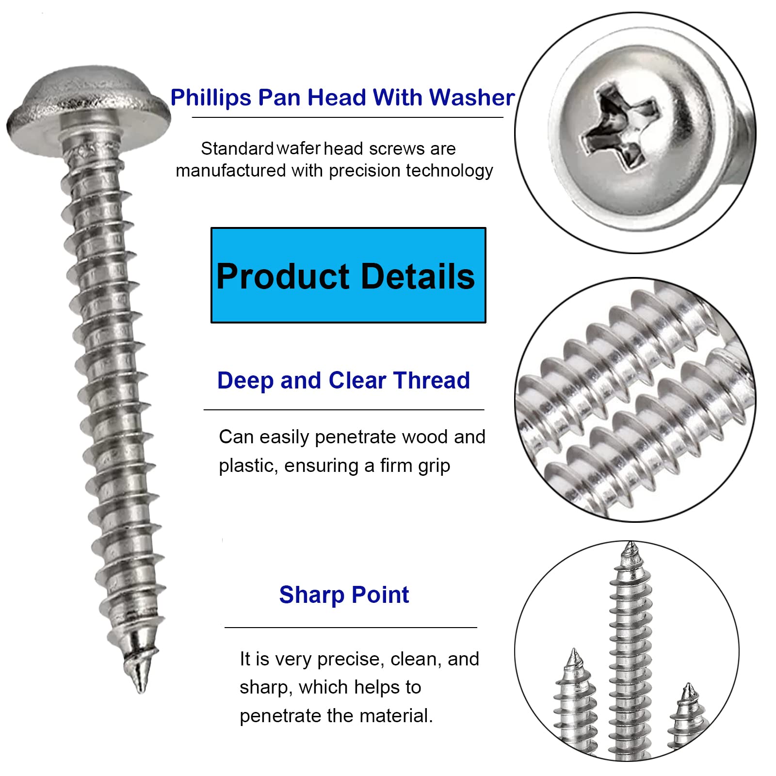 FandWay Phillips Pan Head With Washer Self-Tapping Screws, M3 x 8/10/12/16/20mm,304 Stainless Steel Wafer Head Tapper Screws, Truss Head Screws,Wood Screws Assortment Set (25-Pieces/each)