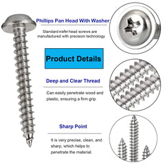 FandWay Phillips Pan Head With Washer Self-Tapping Screws, M3 x 8/10/12/16/20mm,304 Stainless Steel Wafer Head Tapper Screws, Truss Head Screws,Wood Screws Assortment Set (25-Pieces/each)