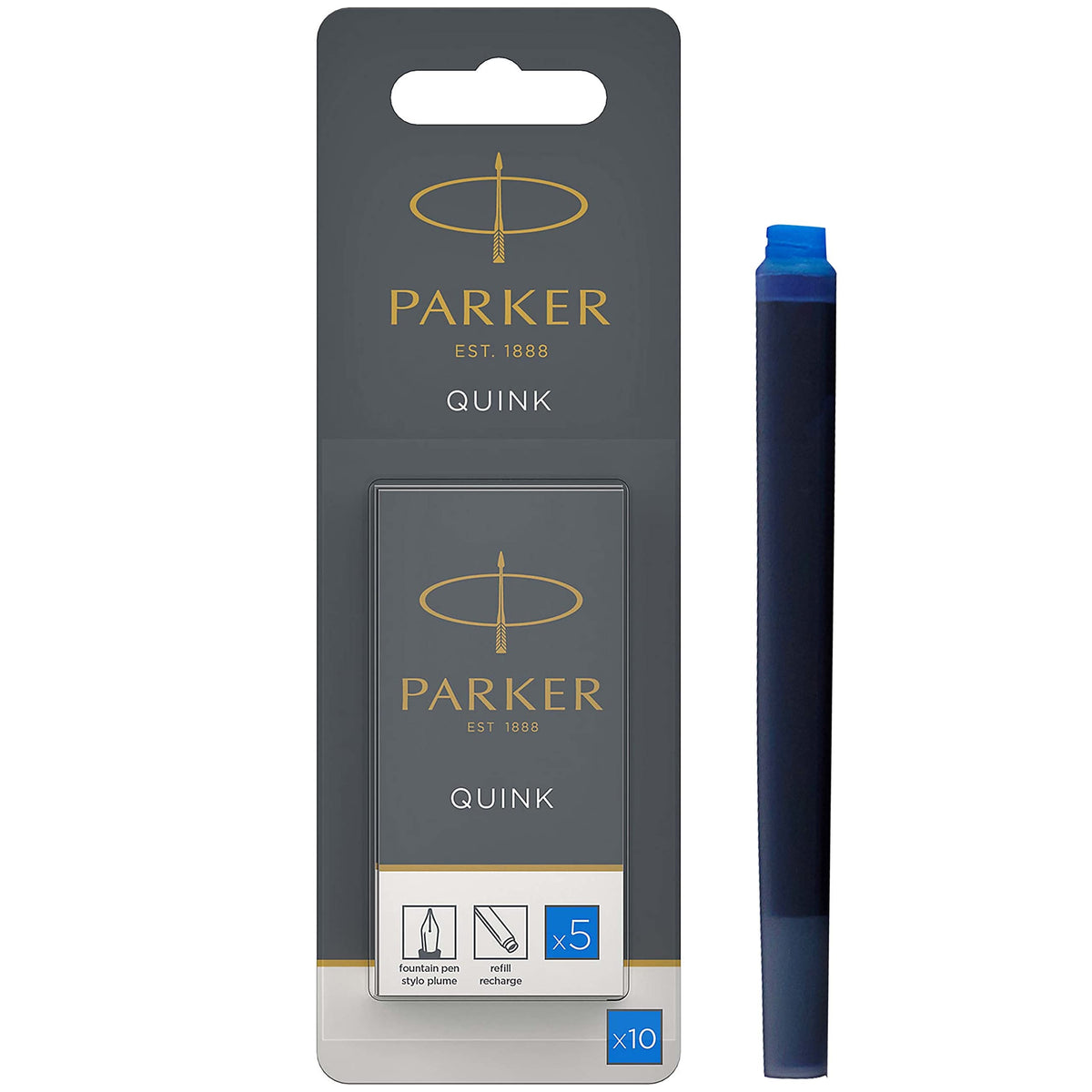 Parker Fountain Pen Ink Refill Cartridges   Long   Washable Blue QUINK Ink   10 Count (Blister)