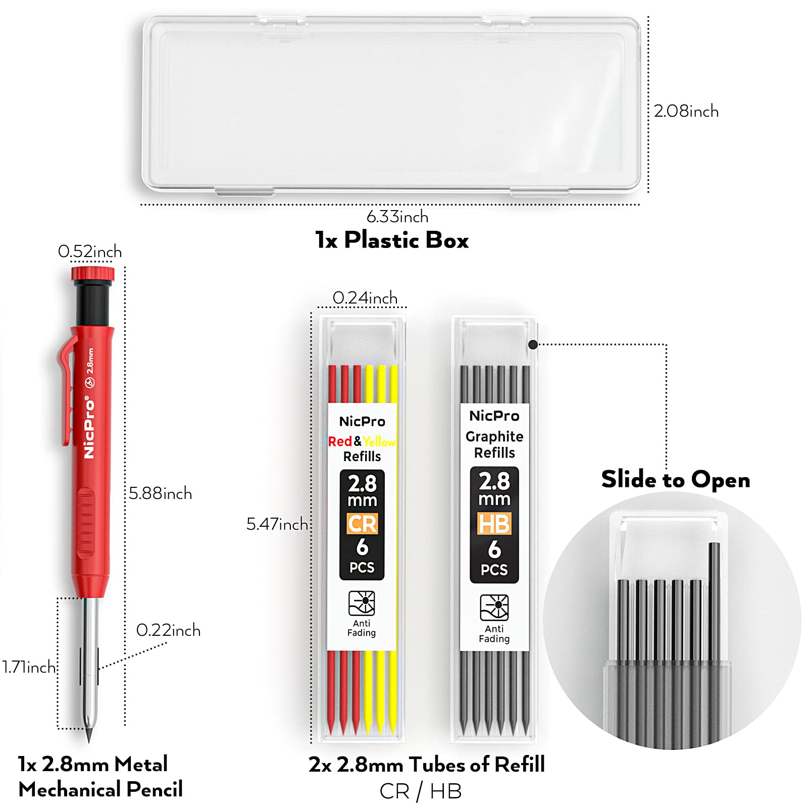 Nicpro Solid Carpenter Pencil for Construction with 13 Refills Leads and Built-in Sharpener, Red Deep Hole Markers Construction Pencils, Woodworking Pencil for Architect