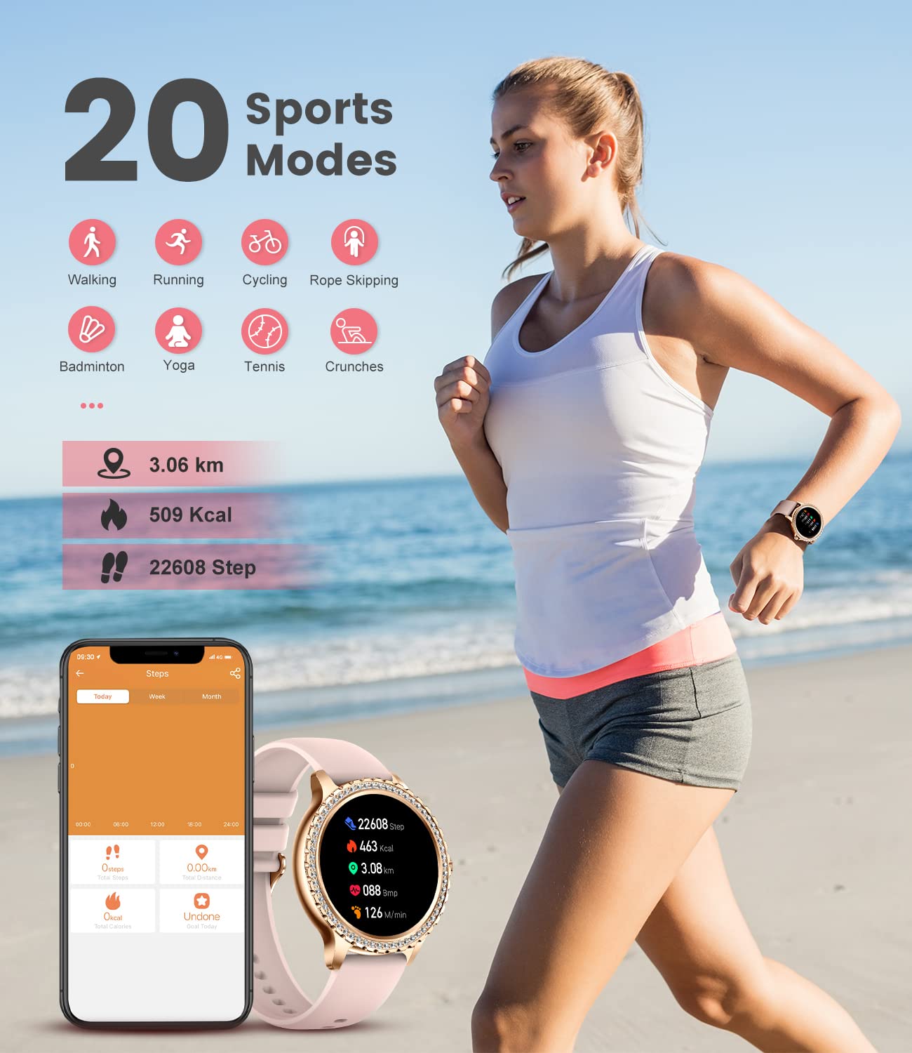 Women's Smart Watch Bluetooth Phone Calls for Android iOS 100and Sport Fitness Tracker 1.32 inches HD Female Smartwatch Heart Rate Sleep Monitor Diamond Ladies Smartwatch Rose Gold Steel,2 Watch Straps