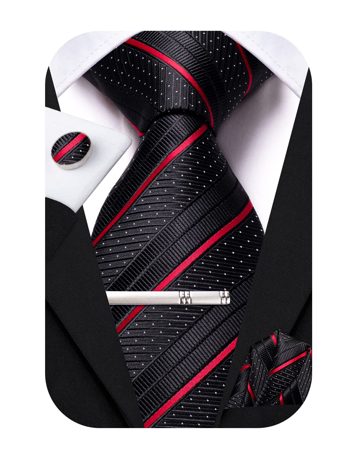 Hi-Tie Formal Black Red Striped Mens Neck Tie Set Silk Woven Ties With Pocket Squares Cufflinks Clip Pin Designer Tie