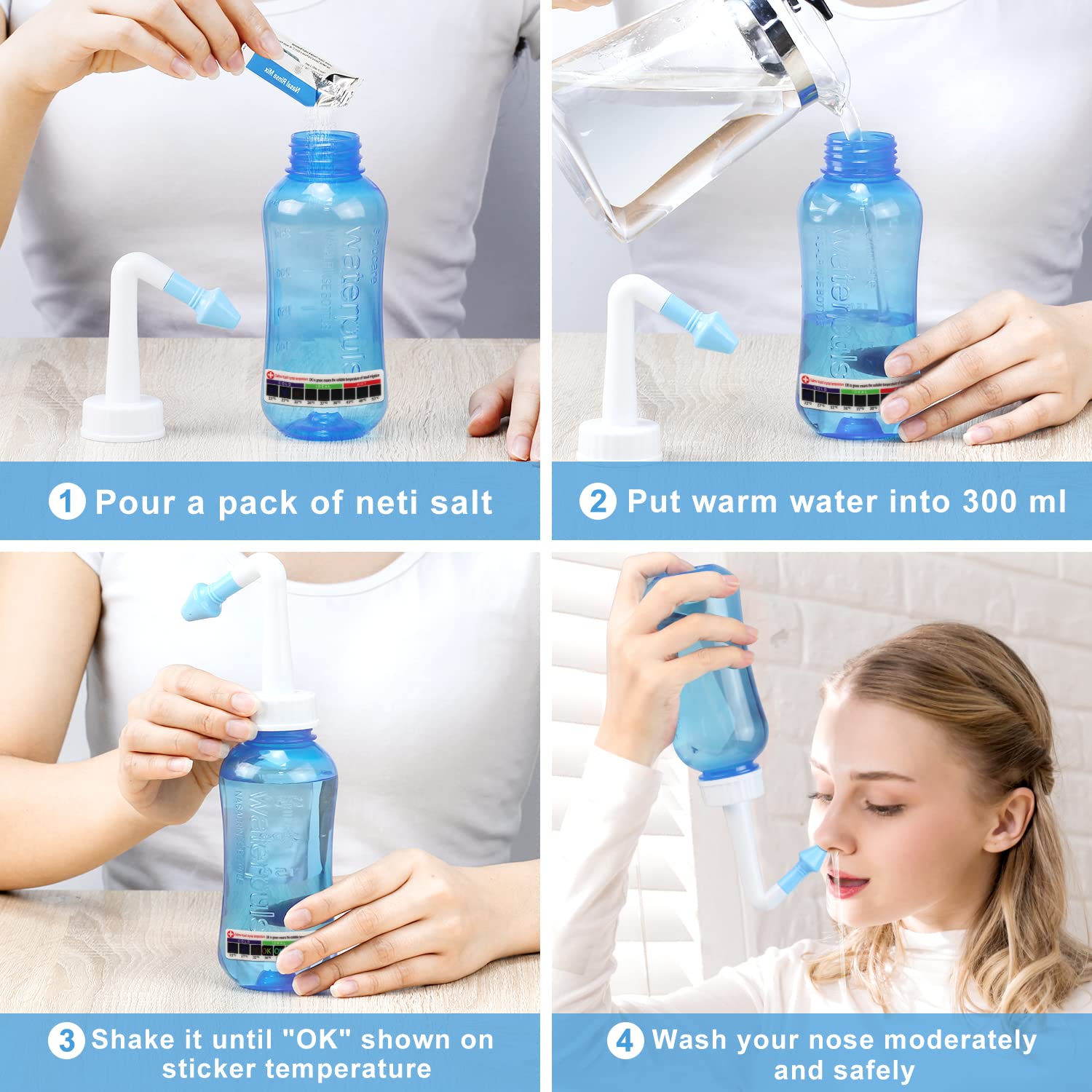 Neti Pot Sinus Rinse Kit with 100 Nasal Salt Packets Nose Wash Cleaner Pressure Rinse Nasal Irrigation for Adult & Kid BPA Free 300 ML with Sticker Thermometer (Light Blue)