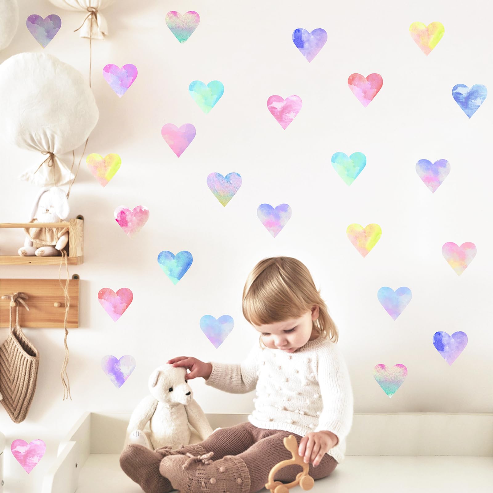 Colorful Heart Wall Decals Peel and Stick Cute Heart Wall Stickers Fabric Wall Stickers Hearts Decals for Walls Watercolor Heart Wall Stickers for Girls Room Bedroom Nursery Decor