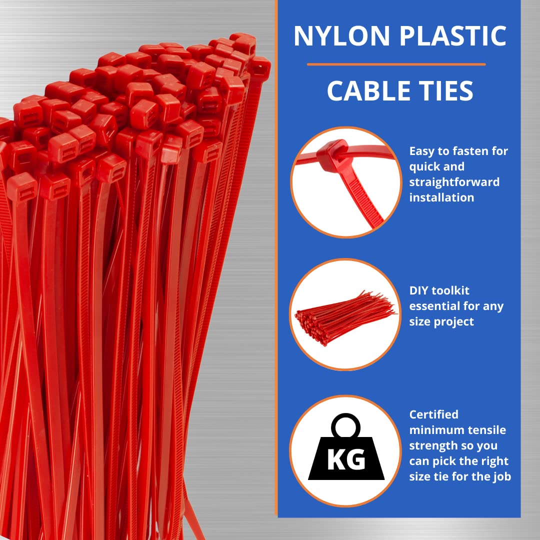 GTSE Red Cable Ties, 200mm x 2.5mm, Pack of 100, 8” Premium Nylon Zip Ties, Multi-Purpose Plastic Tie Wraps, Secure Self-Locking Mechanism, for Home, Garden, Office and DIY