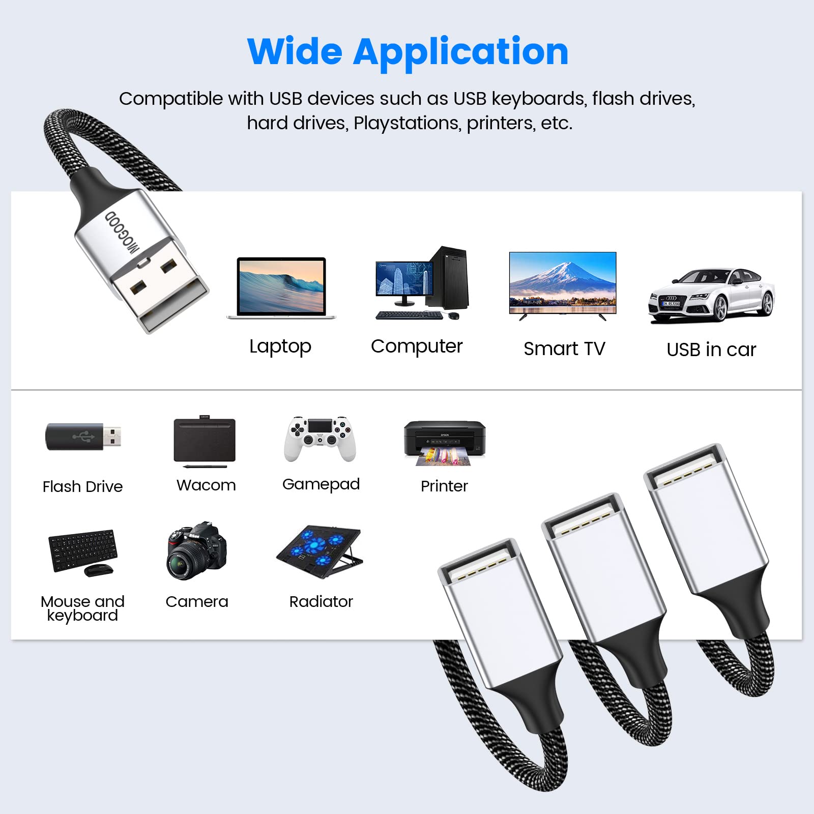 3 in 1 USB Splitter Cable, MOGOOD USB Power Splitter 1 Male to 3 Female USB 2.0 Adapter 1 to 3 USB Splitter USB Extension Cable USB multiport for Charging/Data Transfer/Laptop/Mac