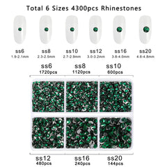 Beadsland 4300pcs Flatback Rhinestones,Green Rhinestones Nail Gems Round Crystal Rhinestones for Crafts,Mixed 6 Sizes with Picking Tweezers and Wax Pencil Kit, SS6-SS20,Emerald