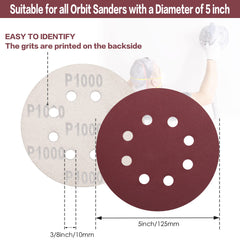 STEBRUAM 100PCS 125mm Sanding Discs 1000 Grit, 5 Inch 8 Hole Hook and Loop Sanding Pads for Random Orbital Sander