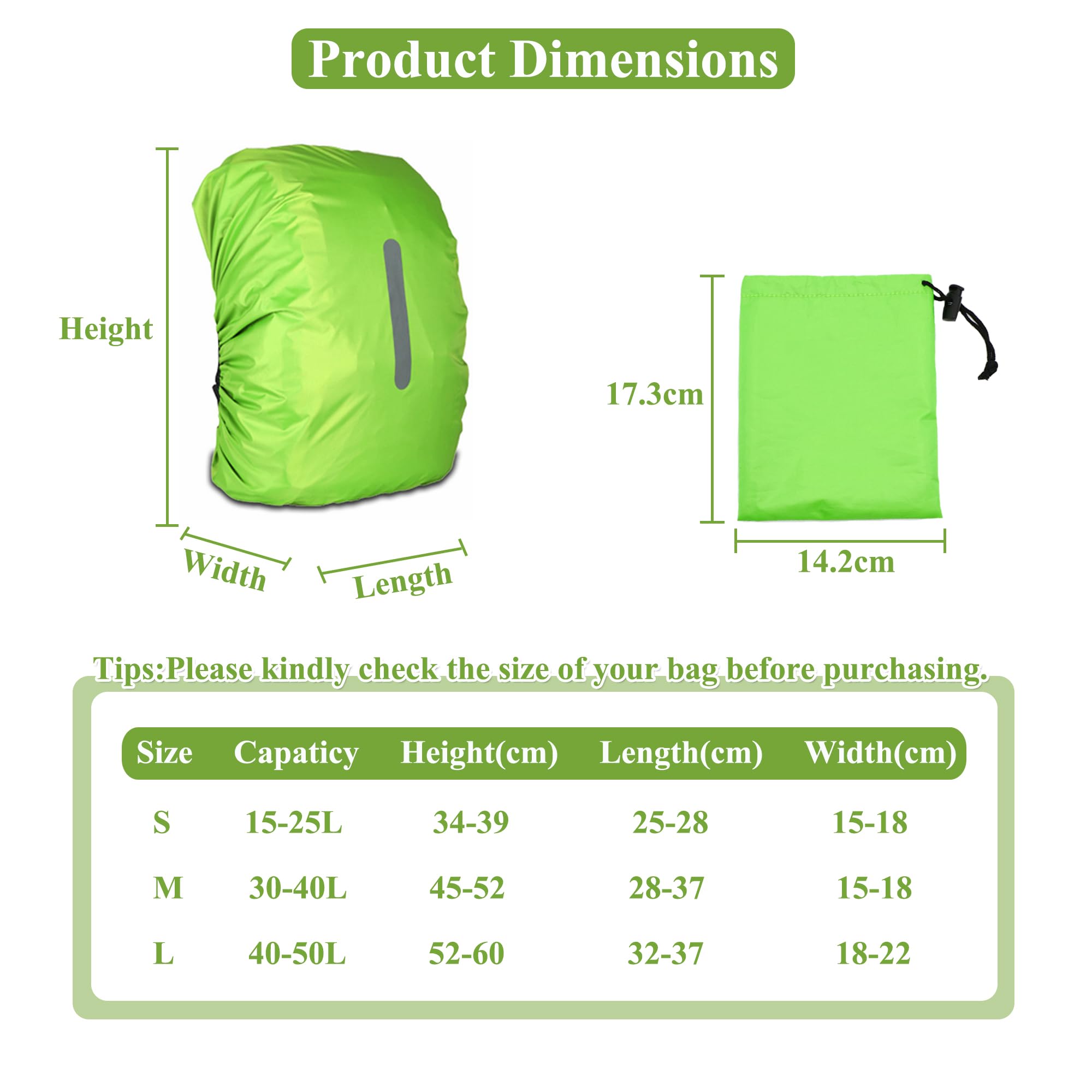 Waterproof Backpack Cover with Reflective, 15L-25L Rucksack Rain Cover with Storage bag, Rainproof Rucksack Cover for Hiking Camping Traveling Cycling (Green, S)