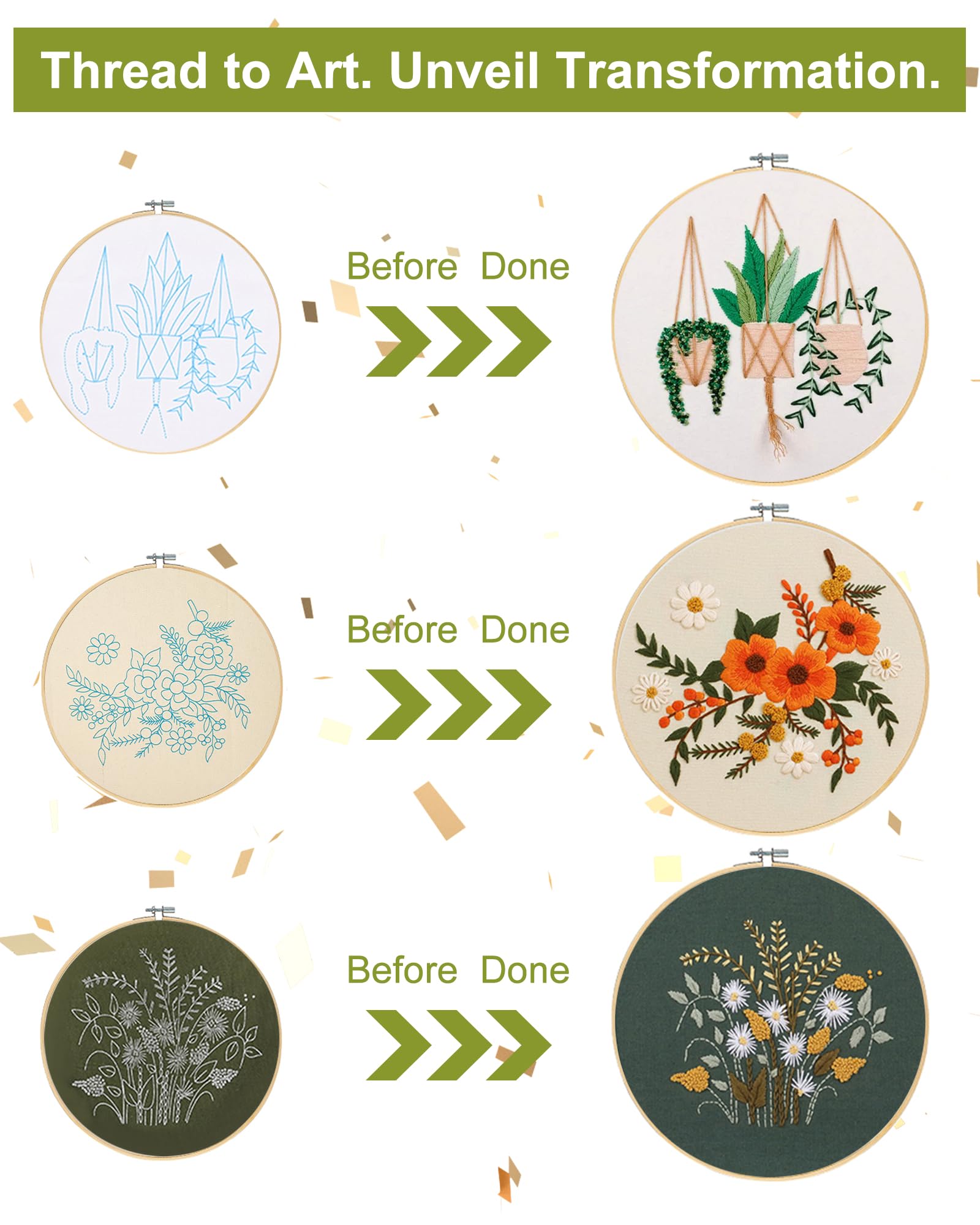 Jecanori Embroidery Starter Kit, 3 Pack Cross Stitch Kit with Floral or Plant Pattern and Instructions, Full Range of Embroidery Kits, Embroidery Hoops, Color Threads and Tool