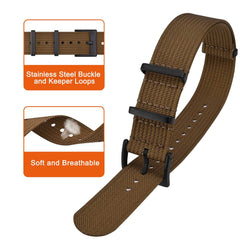 ANNEFIT Nylon Watch Strap 22mm, One-Piece Waterproof Military Watch Band with Heavy Black Buckle (Brown)