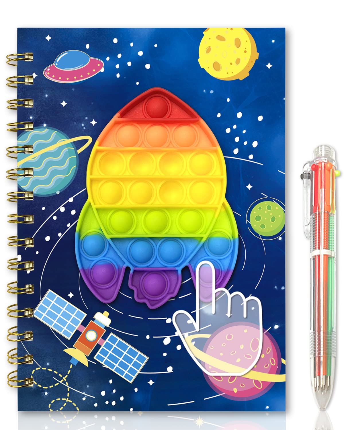 GINMLYDA Pop Secret Diary for Boys with Pen, 8.25x5.7 Inches 160 Pages Spacecraft Fidget Kids Notebook and Pen Set for Boys Birthday Presents A5 Spiral Kids Journal for Boys Gifts 6-12 Year Old