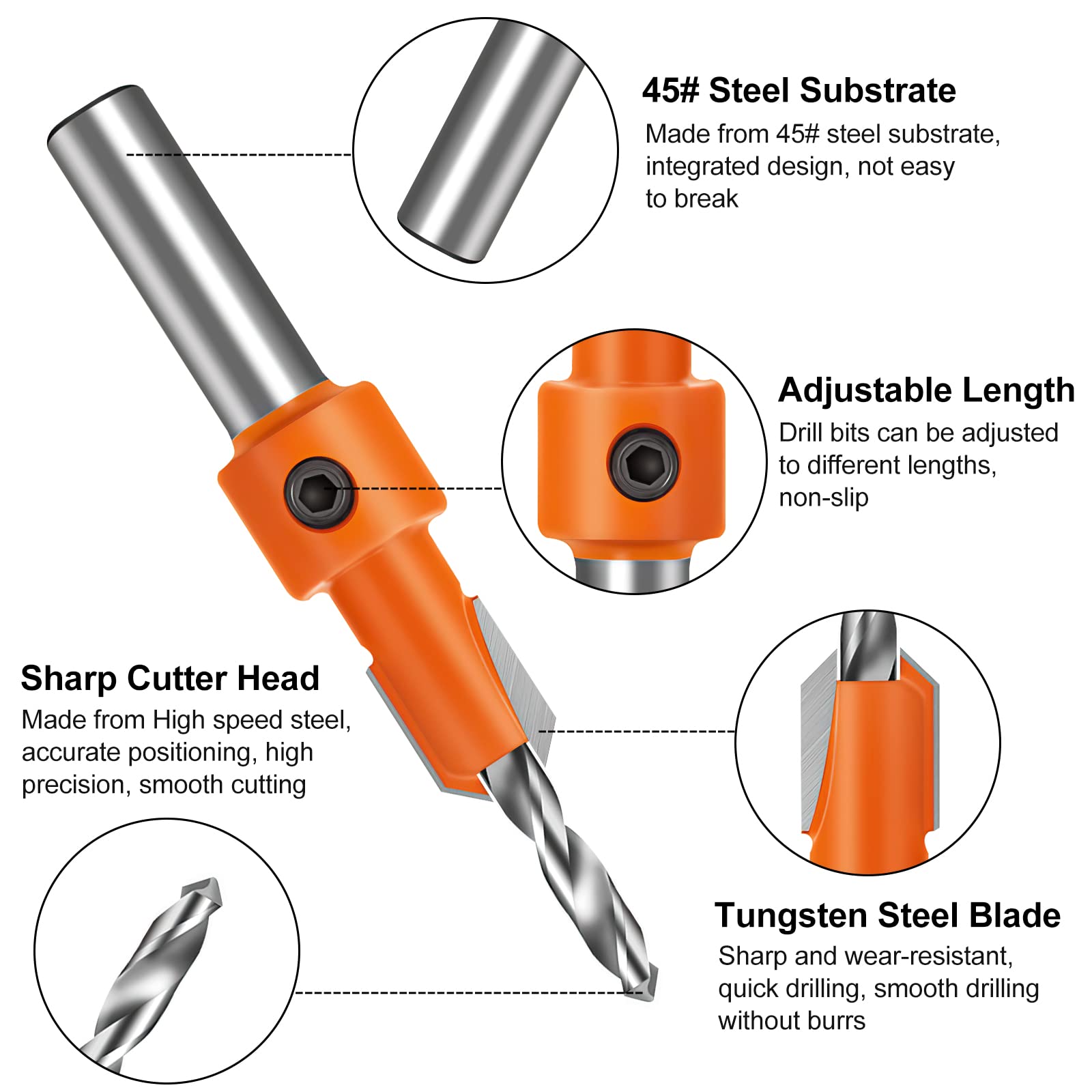 Countersink Drill Bit, Lytool 5Pcs Quick Change 8mm Adjustable Countersink Drill Bit Set, Include 5Pcs Free Replaceable Drill Bits, for Woodworking Countersink Drill Bits